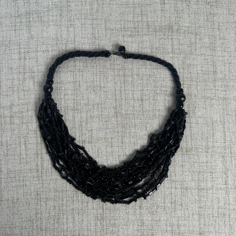 Black Multi Strand Beaded Statement Necklace Bib Collar